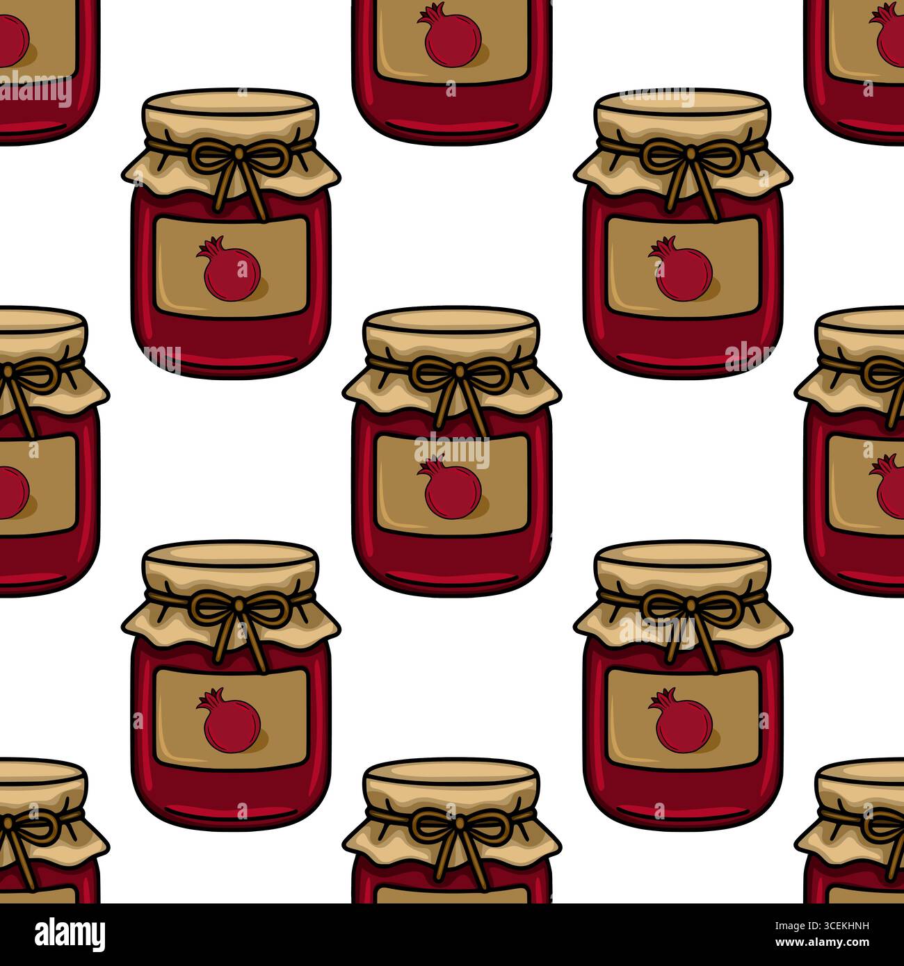 Seamless vector pattern featuring charming illustrations of pomegranate jam jars with kraft paper lids and tied bows, creating a rustic and appetizing Stock Vector