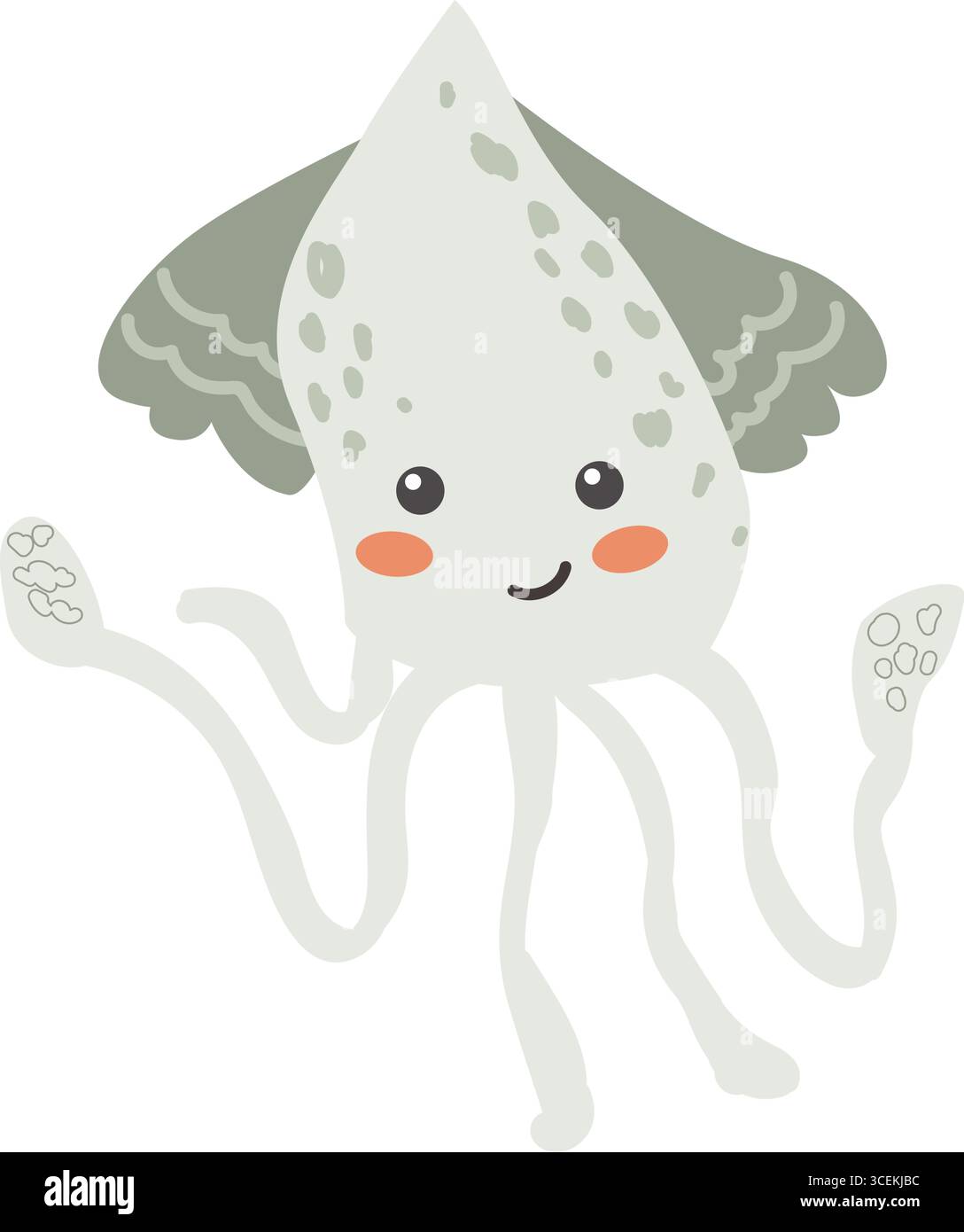 Cute cartoon squid with smiling face and tentacles on white background. Stock Vector
