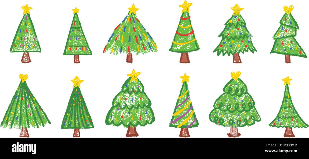 Decorated Christmas doodle trees set drawn like children. Pastel wax ...