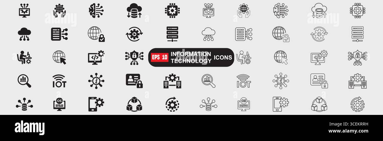 Information Technology icon line and vector set. Containing cloud computing, IT manager, big data, data analytics, internet, network security and more Stock Vector
