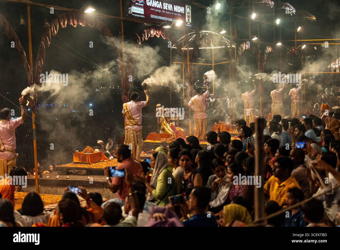 Hindu priests performing Ganga Aarti, a Hindu religious ritual of ...