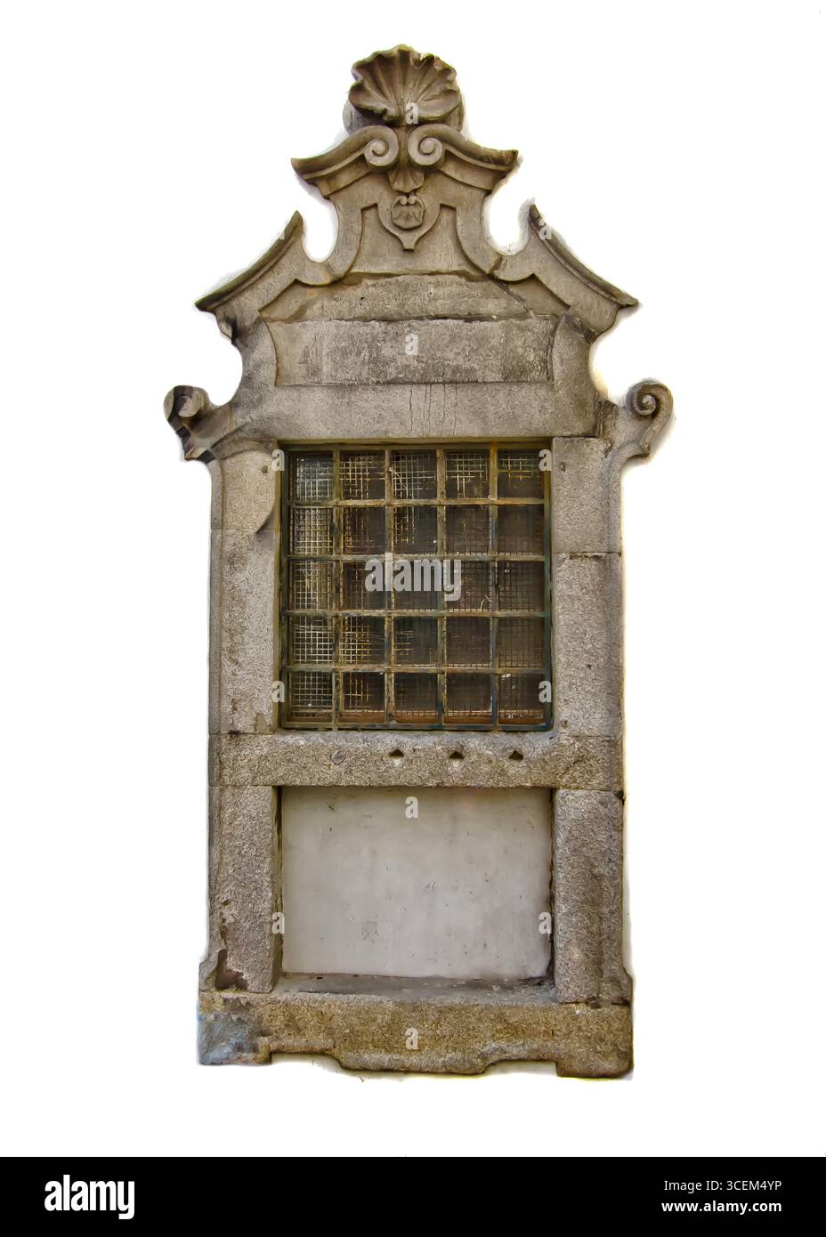 An ornate stone window frame with a glass block window Stock Photo - Alamy