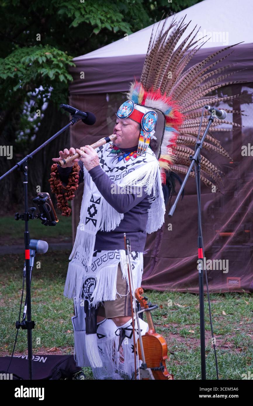 Ecuadorian singer musician Camuendo Wuambrakuna at the Ecuadorian culture Day celebration in Barnhart Park, Sleepy Hollow, Westchester, New York. Stock Photo
