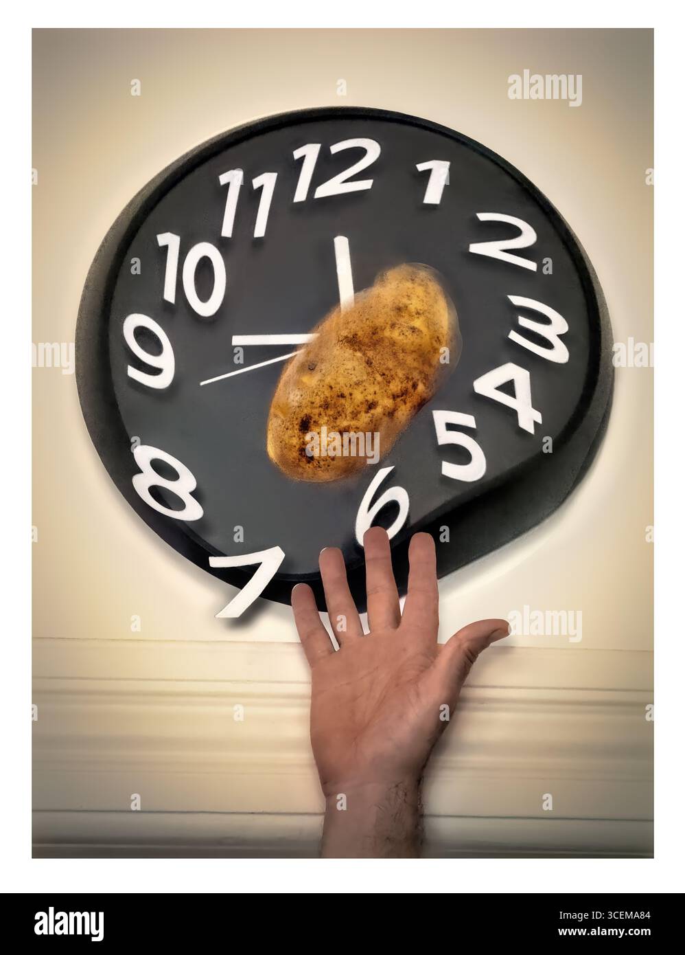 Surrealist and functional clock with human hand and potato. Concept time, relative time, fluidity and distortion of time. Stock Photo