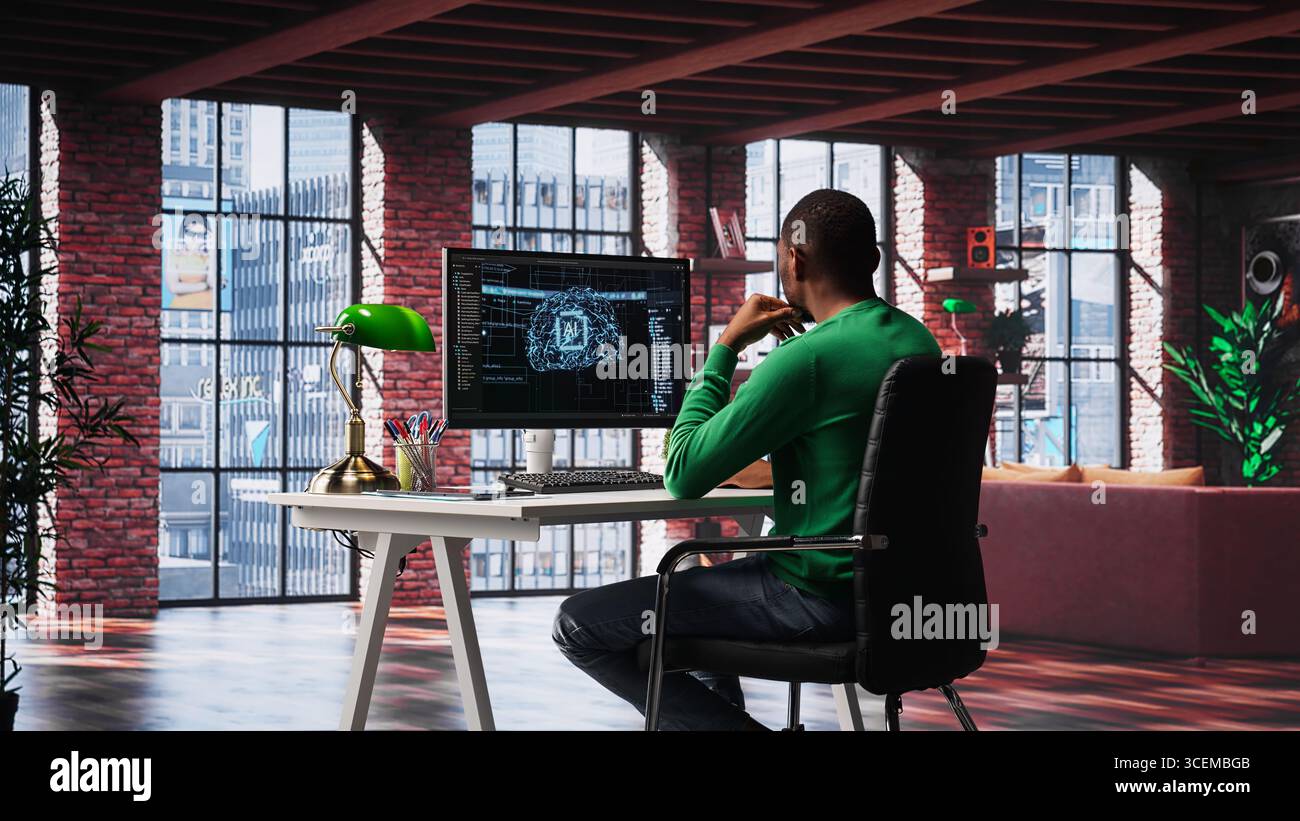 African american technician writes code on AI brain neural network for machine learning, doing maintenance and debugging the software systems. IT expert uses programming language. Camera A. Stock Photo