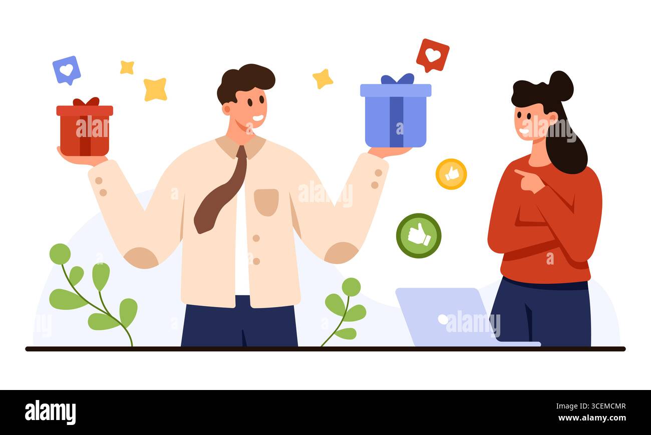 Man presenting two gift options to woman with social media icons and ...