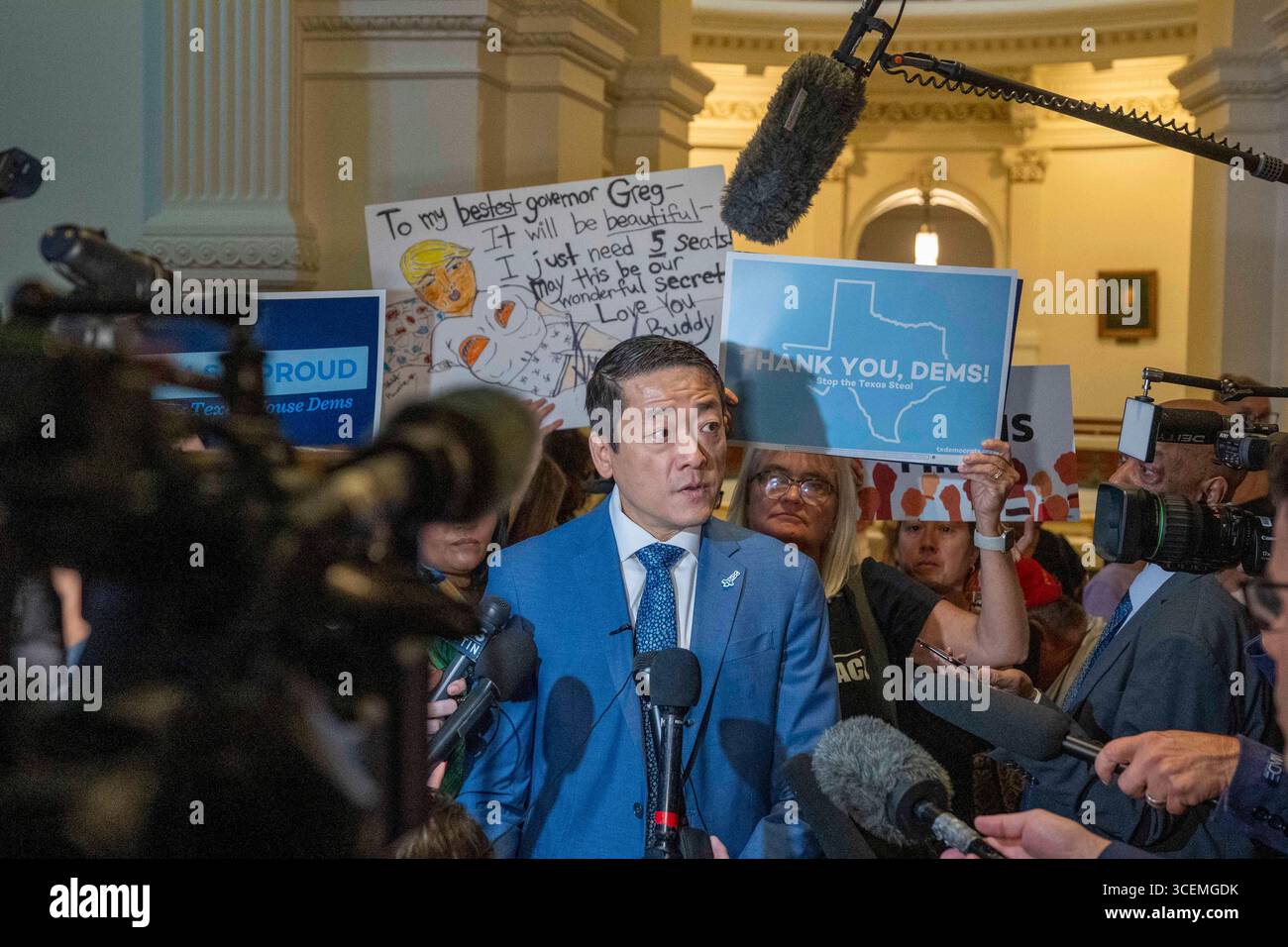 Austin Texas USA, August 18 2025: Democratic caucus chair State Rep. Gene Wu, D-Houston, holds a press conference as most Texas Democratic members of the House of Representatives return for the second-called special session of the 89th Texas Legislature. Texas Gov. Greg Abbott threatened absent members with arrest and fines for leaving the state to break quorum in an attempt to stop or delay passage of new Congressional maps that favor Republicans. Mandatory Credit: Bob Daemmrich/Alamy Live News Stock Photo