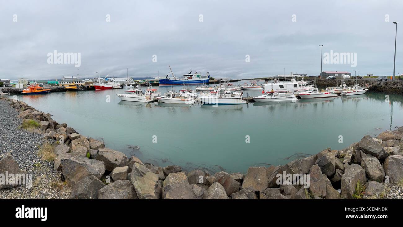 Panorama of the harbor in fishing village of Hofn, Iceland - Smartphone Captured Stock Image