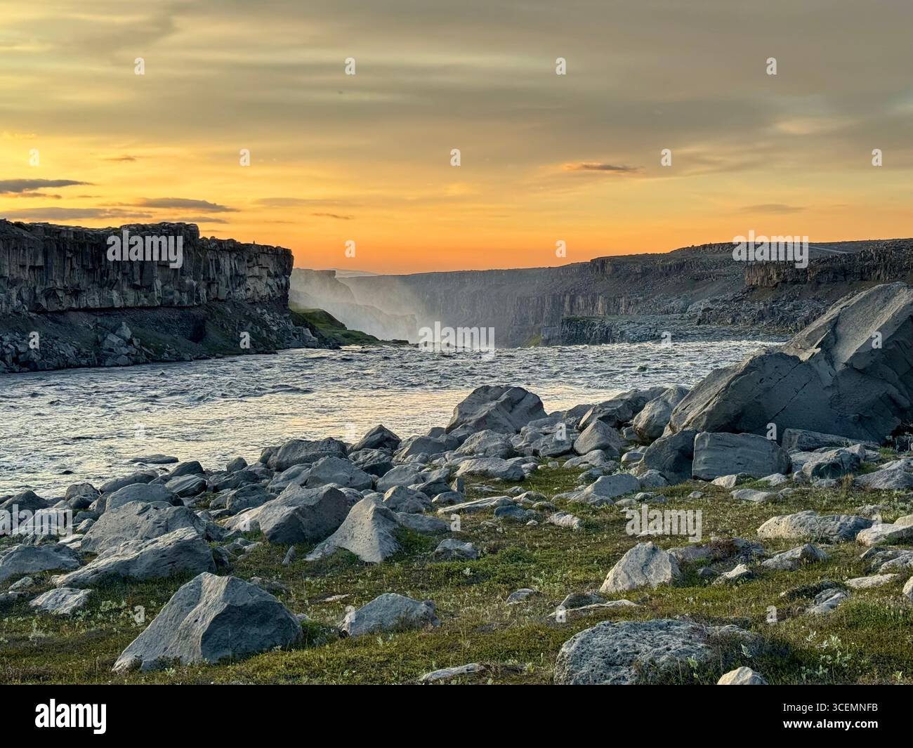 Hafragilsfoss waterfall late on a summer's night in Iceland. - Smartphone Captured Stock Image