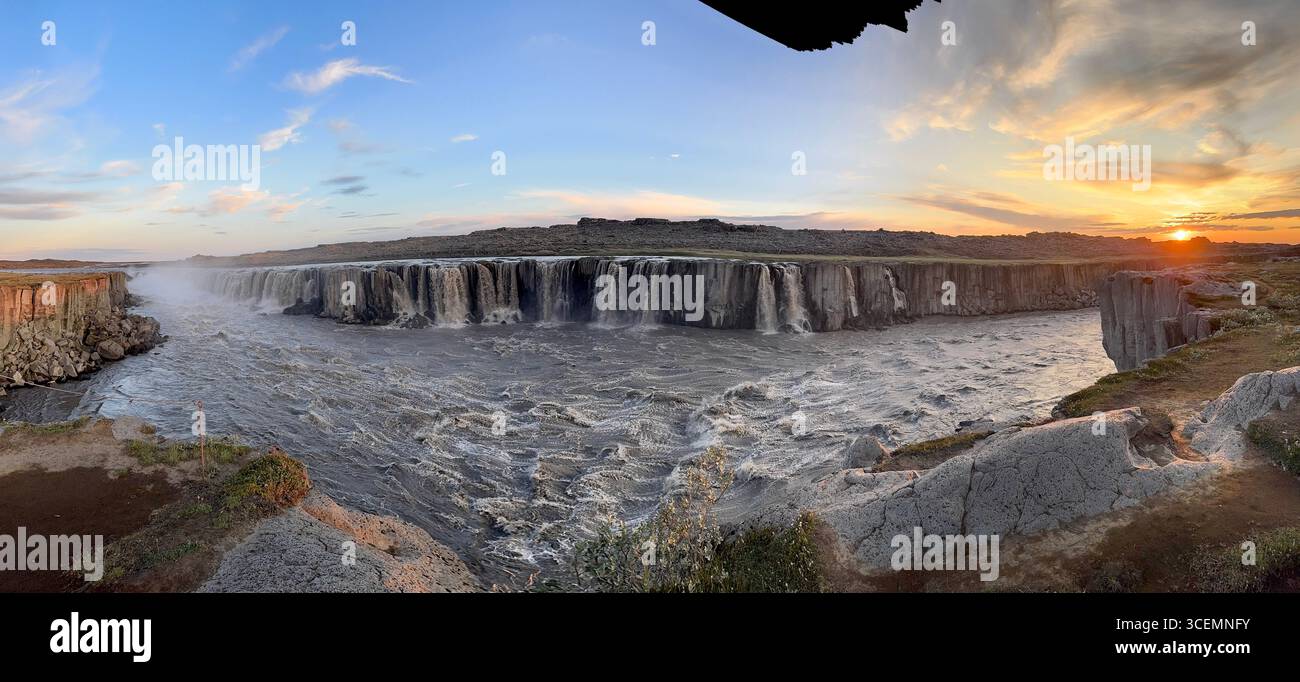 Panoramic of Selfoss waterfall in Iceland during a late summer evening golden hour. - Smartphone Captured Stock Image