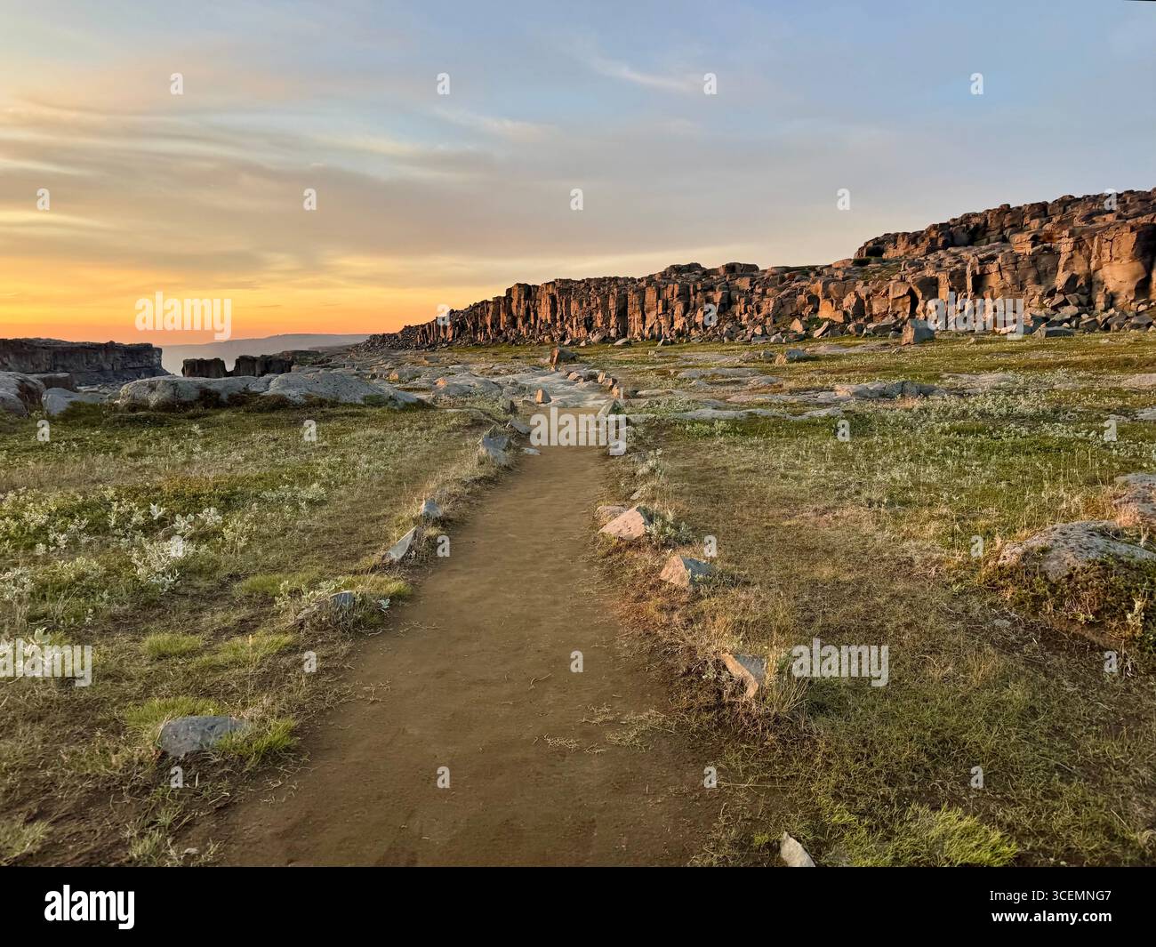 Beautiful hiking trail at sunset in Vatnajökull National Park between Detifoss and Selfoss waterfalls. - Smartphone Captured Stock Image