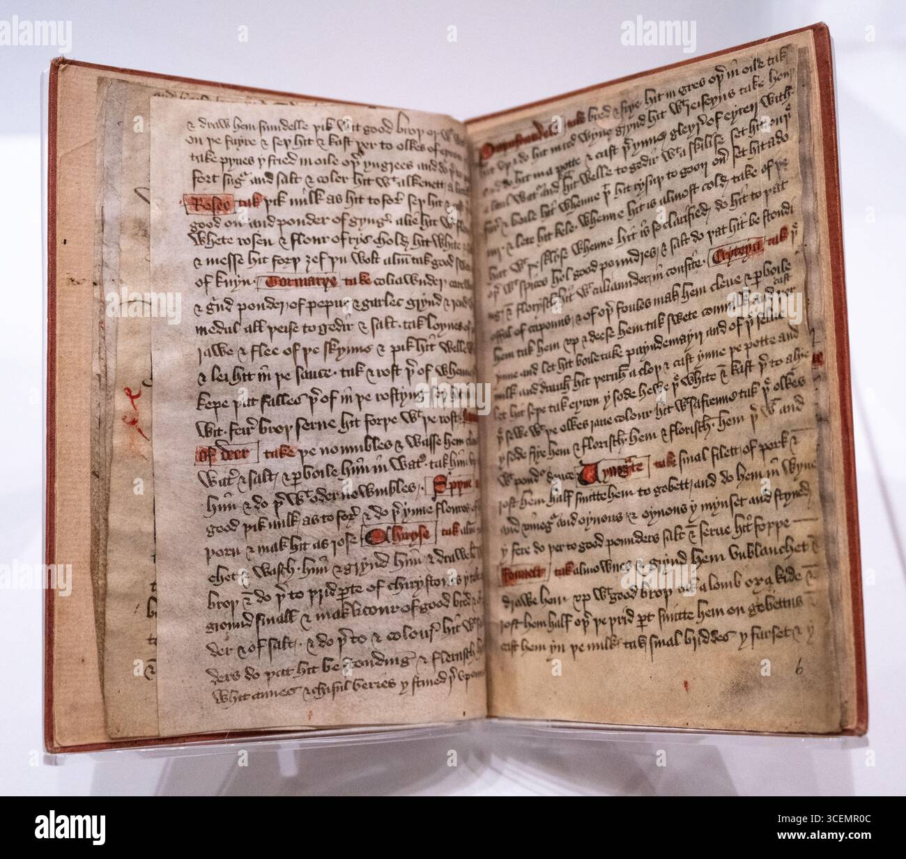 ancient cookbook with medieval English recipes for King Richard II in the 14th century, title "The Forme of Cury, NY Public library archives Stock Photo