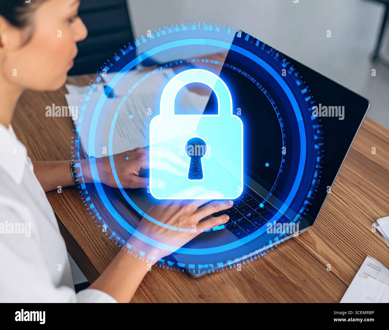Digital lock hologram for cyber security Stock Photo