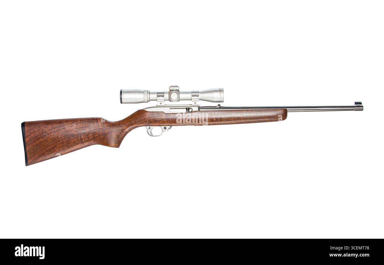 Ruger 10-22 .22 LR caliber semi-automatic rifle with a Nikon telescopic sight and wooden stock Stock Photo