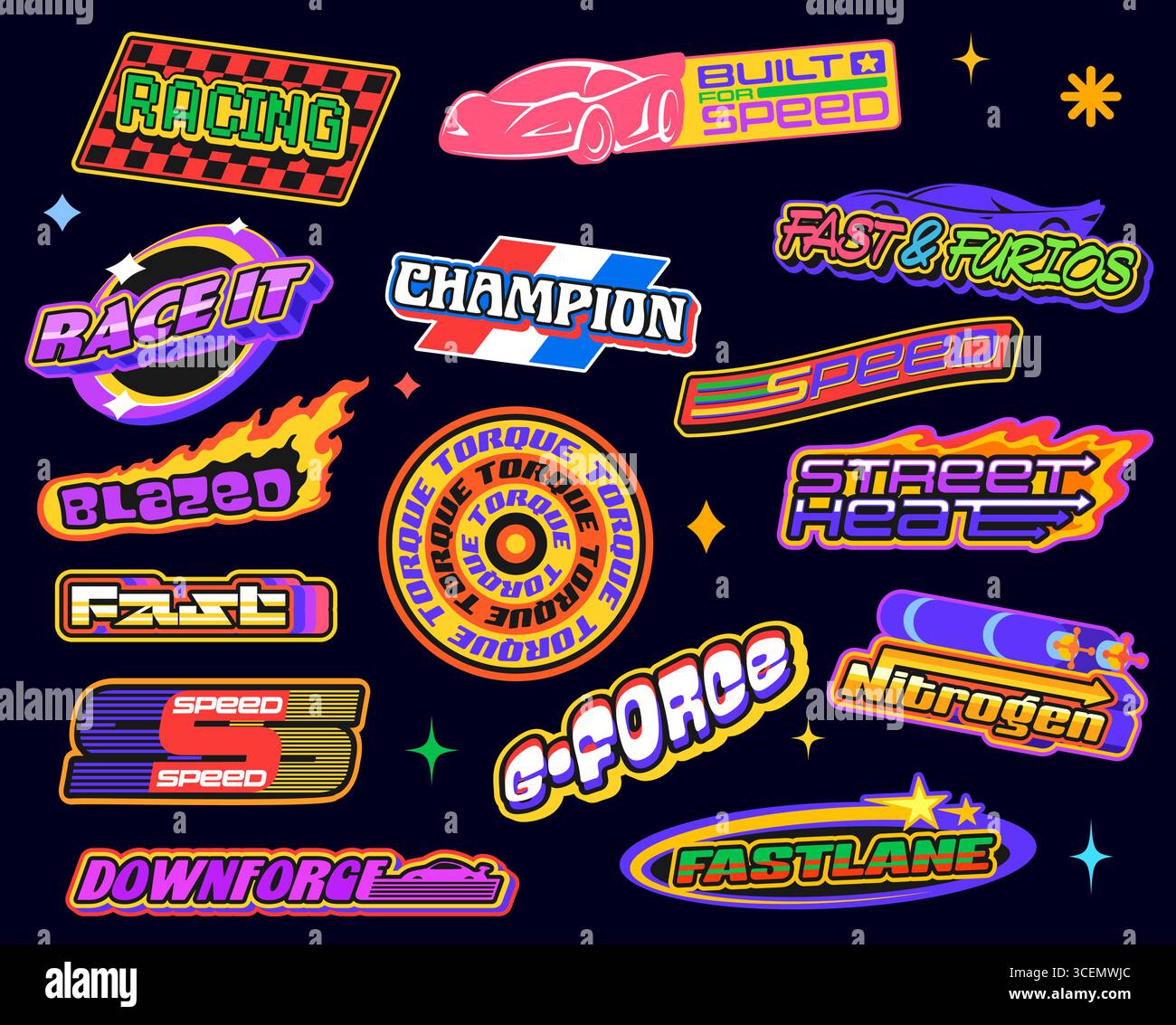 Car race retro y2k groovy stickers, racing sport patch labels with ...