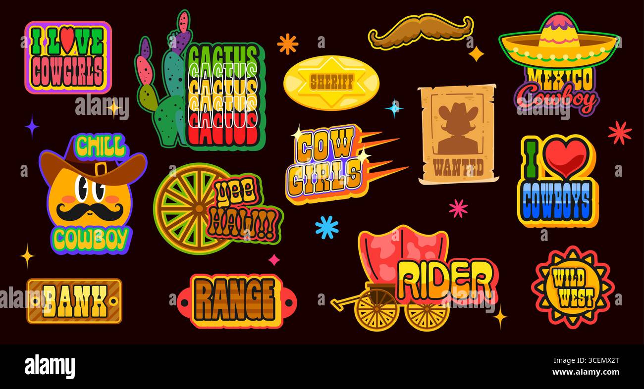 Wild West y2k groovy Western stickers, retro cowboy vector patch labels ...