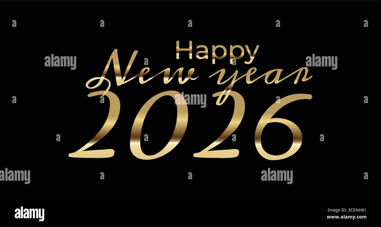 Happy New Year 2026 Gold Typography on Black Background Vector Illustration Stock Vector