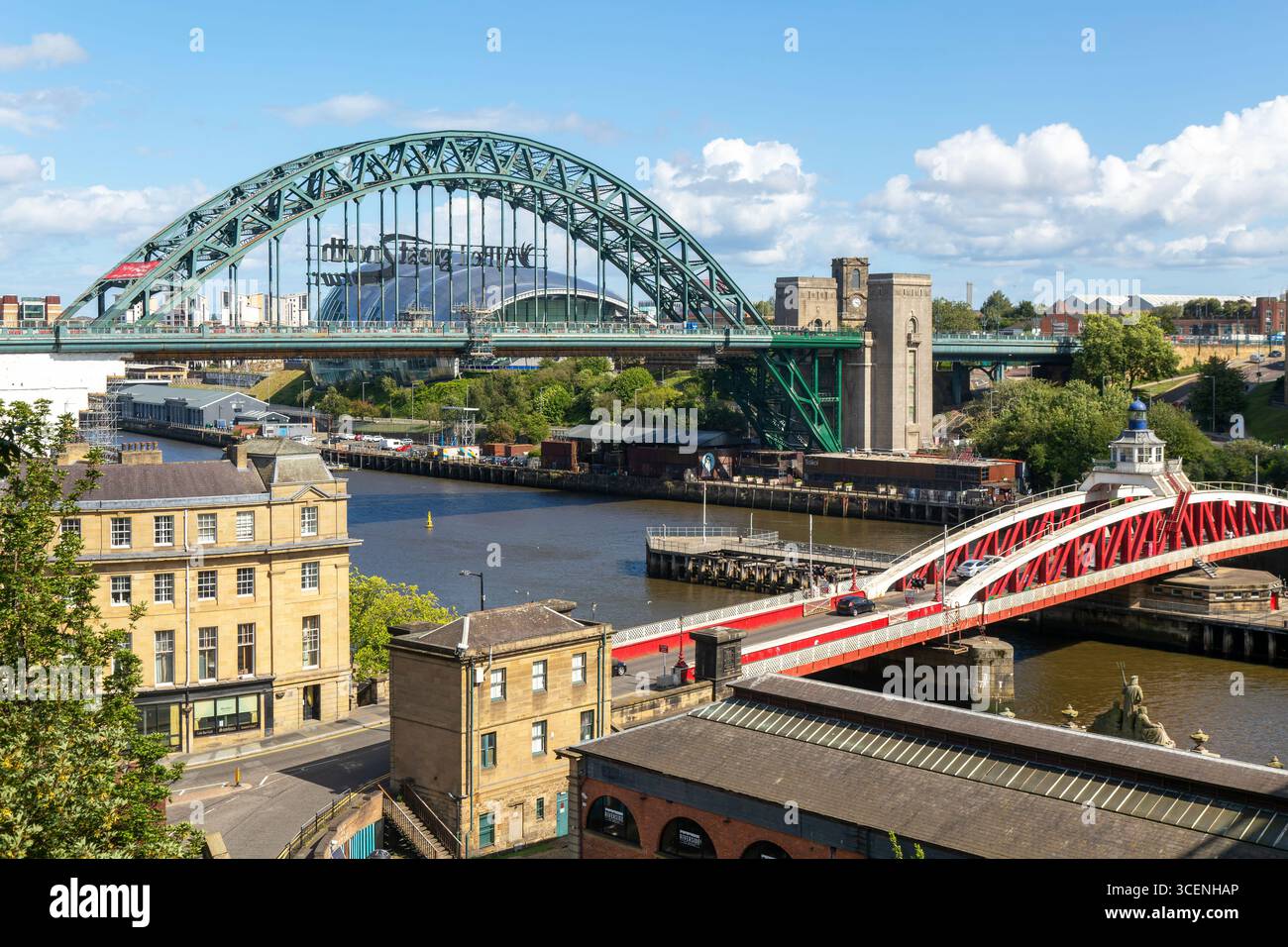 Tyne Bridge and Swing Bridge from High Level Bridge, River Tyne, Newcastle upon Tyne, Tyne and Wear, England, UK Stock Photo