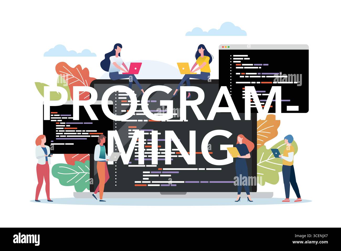 People with coding on laptop screen. Concept of computer programming or developing software or game. Vector flat illustration with coding, Java, HTML, Stock Vector