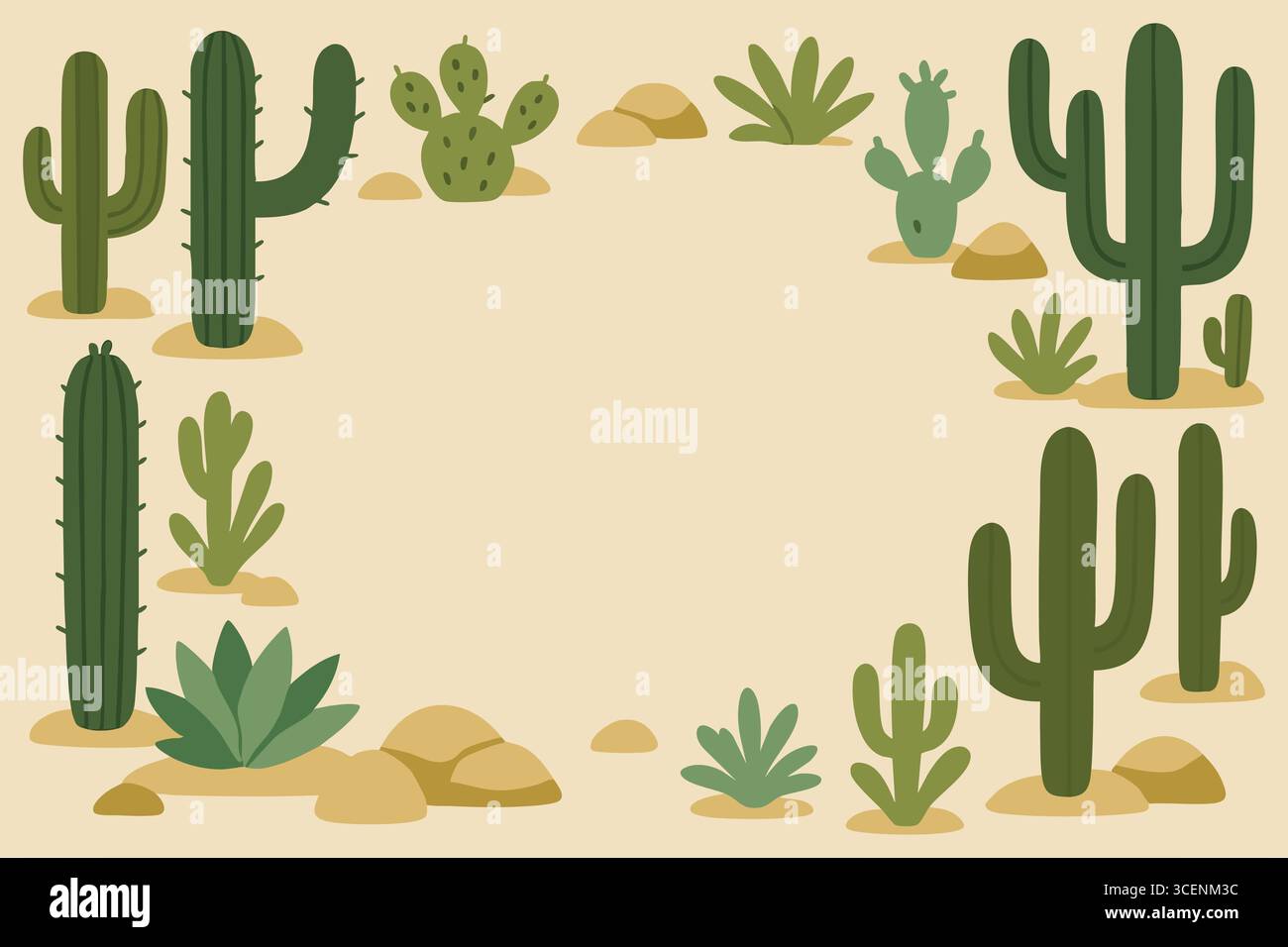 Hand drawn desert scene forming a border with tall cacti small ...