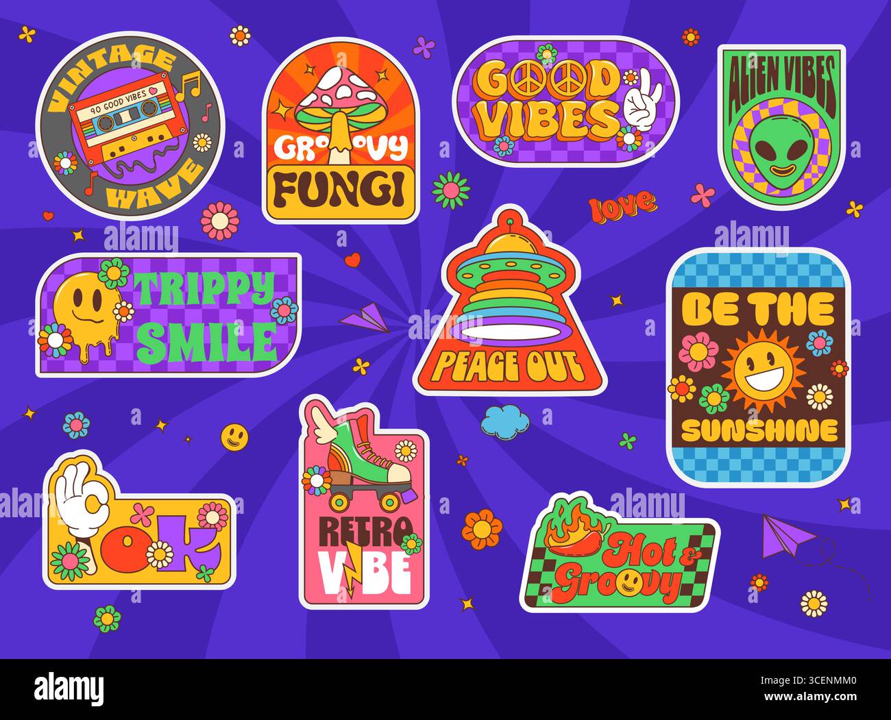 Hippie groovy label stickers pack. Vector set of retro psychedelic ...