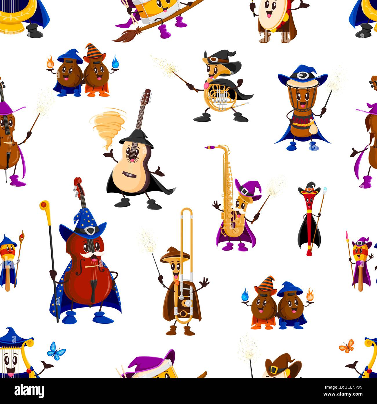 Halloween mages and wizard musical instruments seamless pattern. Vector background of cartoon Halloween holiday magician characters, funny wizard saxophone, drum, guitar and violin seamless pattern Stock Vector