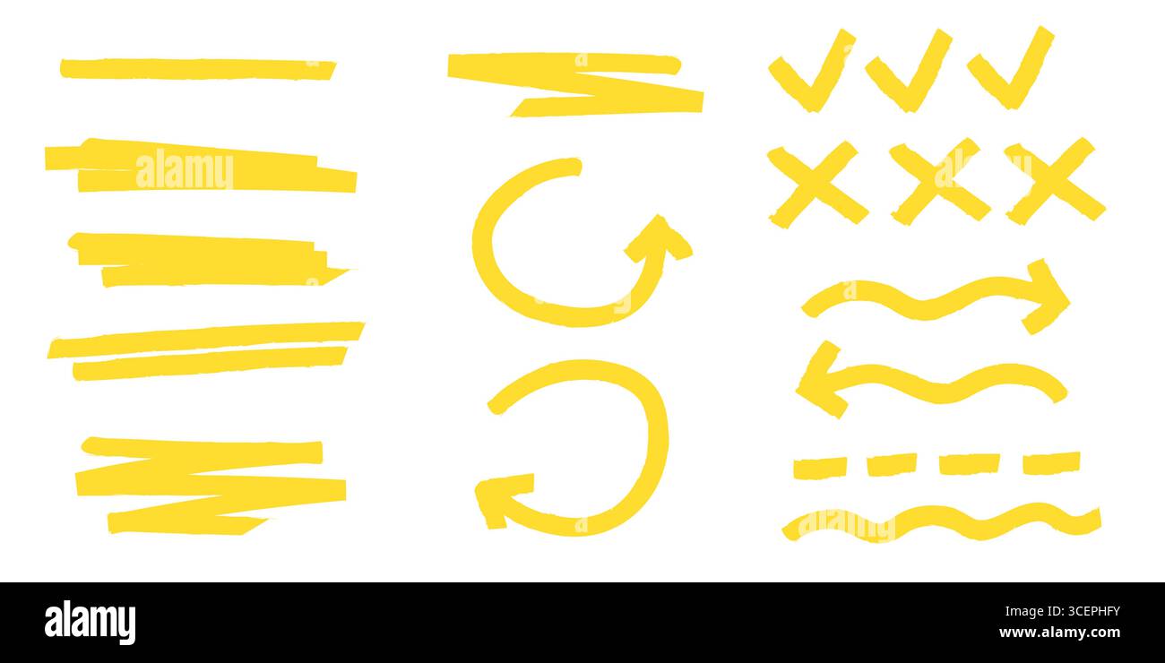 Yellow highlight marker strokes with brush lines, arrows and checkmarks for text emphasis or annotation designs. Hand drawn underlines, crosses and wavy accents. Correction marks set for notes. Stock Vector