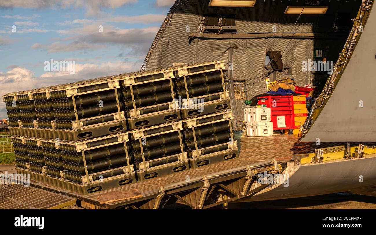 Military cargo containers transported by heavy air transport Stock ...