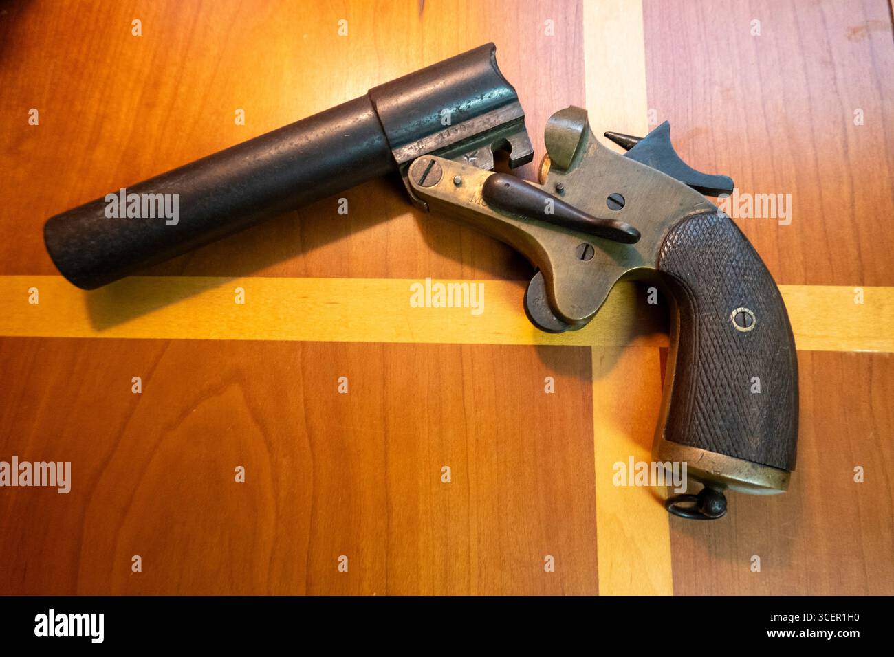 Still of WWII Flare Pistol on a Stone Slate Floor, 2025, USA Stock Photo