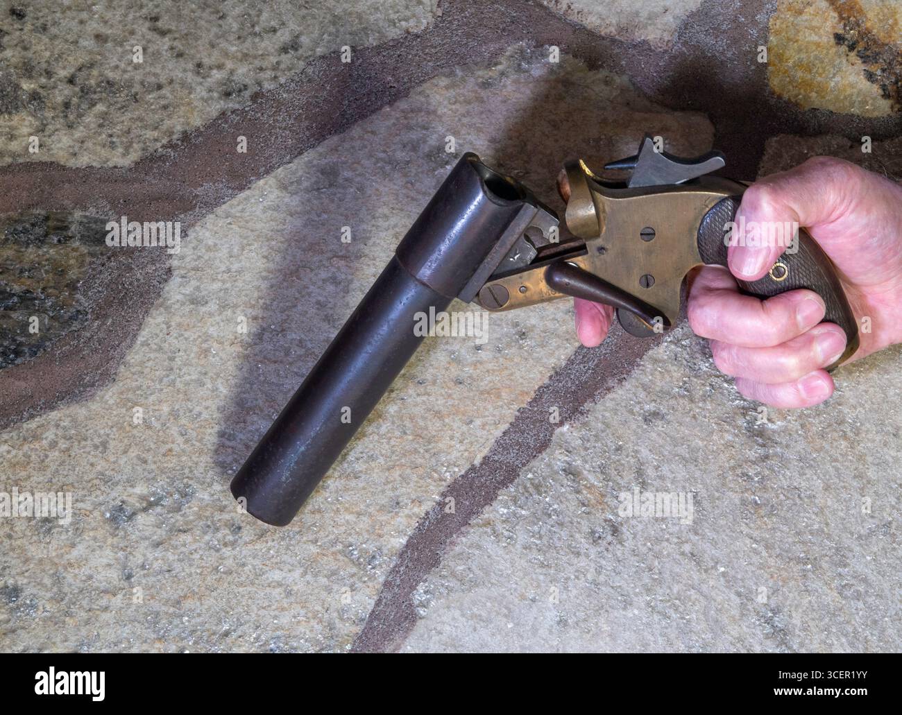 Still of WW2 Flare Pistol on a Stone Slate Floor, 2025, USA Stock Photo