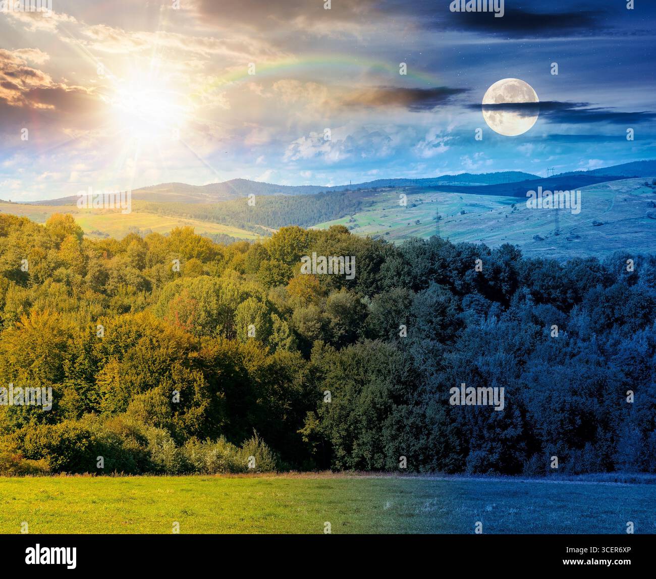 forest on the hill in rural area of mountains on autumn equinox. wonderful scenery of countryside district. deciduous trees near grassy meadow in sept Stock Photo