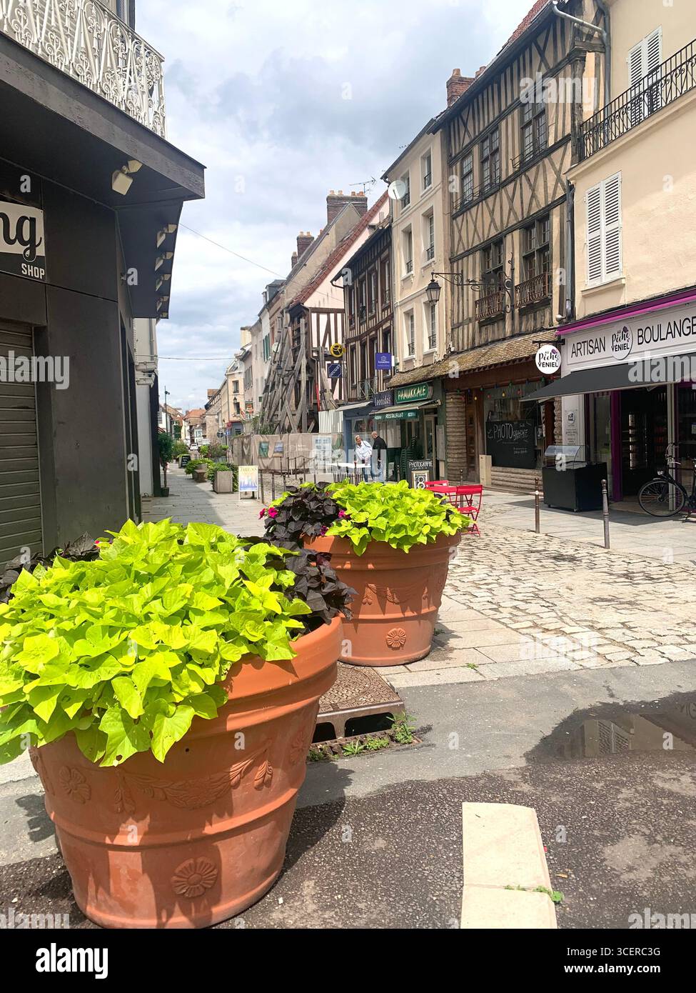 Vernon France shops shop tourists village town locals people cobbles cobbled restaurant eating food old style houses polar bear artwork sign signs - Smartphone Captured Stock Image