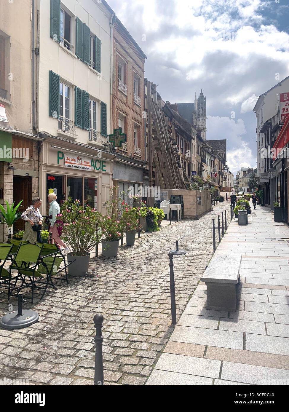 Vernon France shops shop tourists village town locals people cobbles cobbled restaurant eating food old style houses polar bear artwork sign signs - Smartphone Captured Stock Image