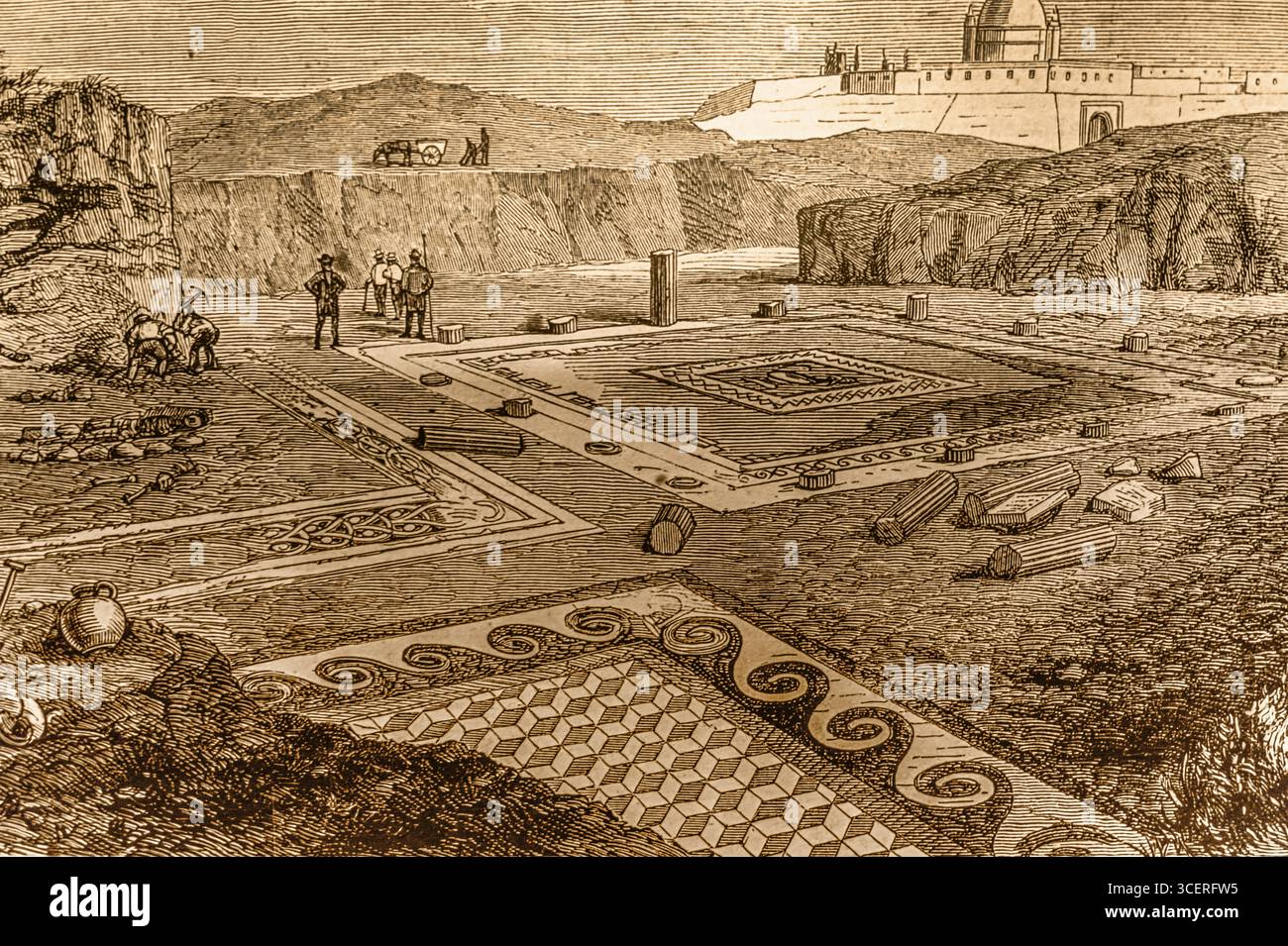 Sketch of the excavation at that time, Domus Romana, Roman villa from the 1st century BC, museum with mosaics and artefacts on the life of the aristoc Stock Photo