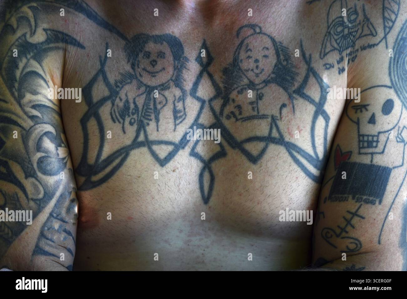 Tattoos Max and Moritz on the chest of a young man, Baden-Wuerttemberg, Germany Stock Photo