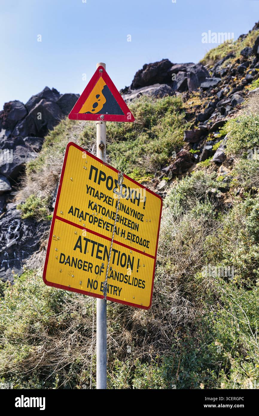 Signs warning of landslide and falling rocks, no entry, cliffs, Red ...