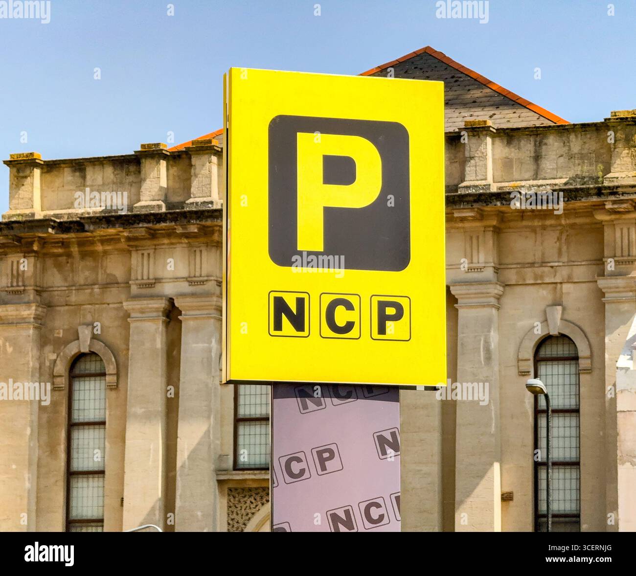 Cardiff, Wales, UK - 15 August 2025: Sign above an outdoor car park operated by National Car Parks NCP in Cardiff city centre - Smartphone Captured Stock Image