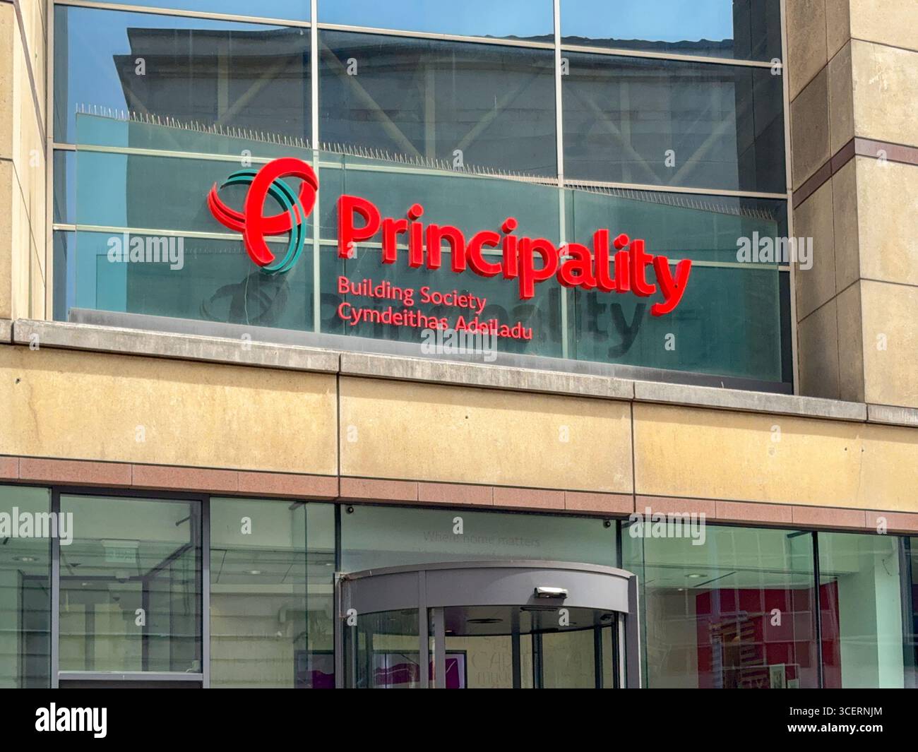 Cardiff, Wales, UK - 16 July 2025: Front exterior view of the entrance to the headquarters of the Principality Building Society in Cardiff city centre - Smartphone Captured Stock Image