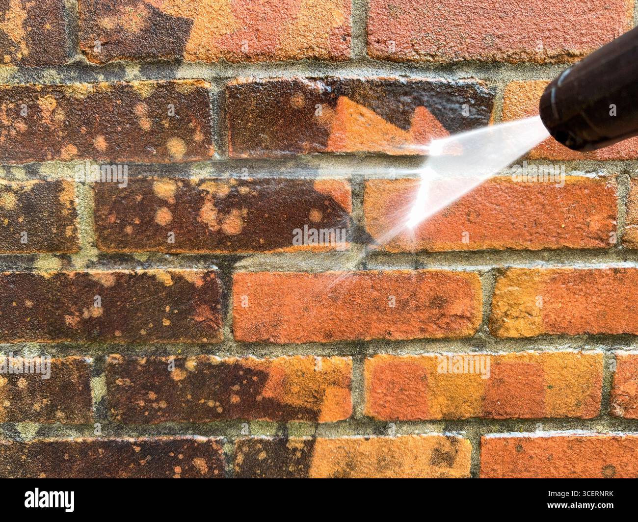 Close up view of a pressure washer being used to clean dirty bricks on a garden wall - Smartphone Captured Stock Image