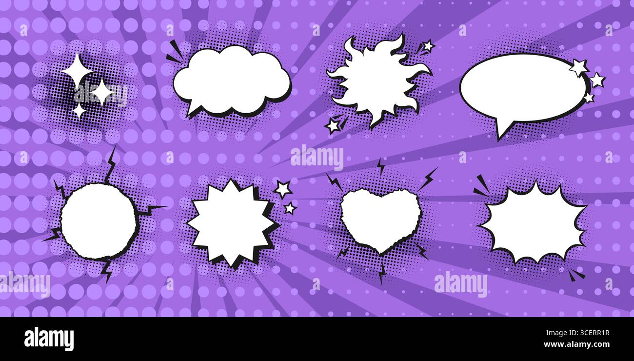 Empty comic speech bubbles decorated with black halftone shadow on pop art background. Different shapes and elements. Vector illustration Stock Vector