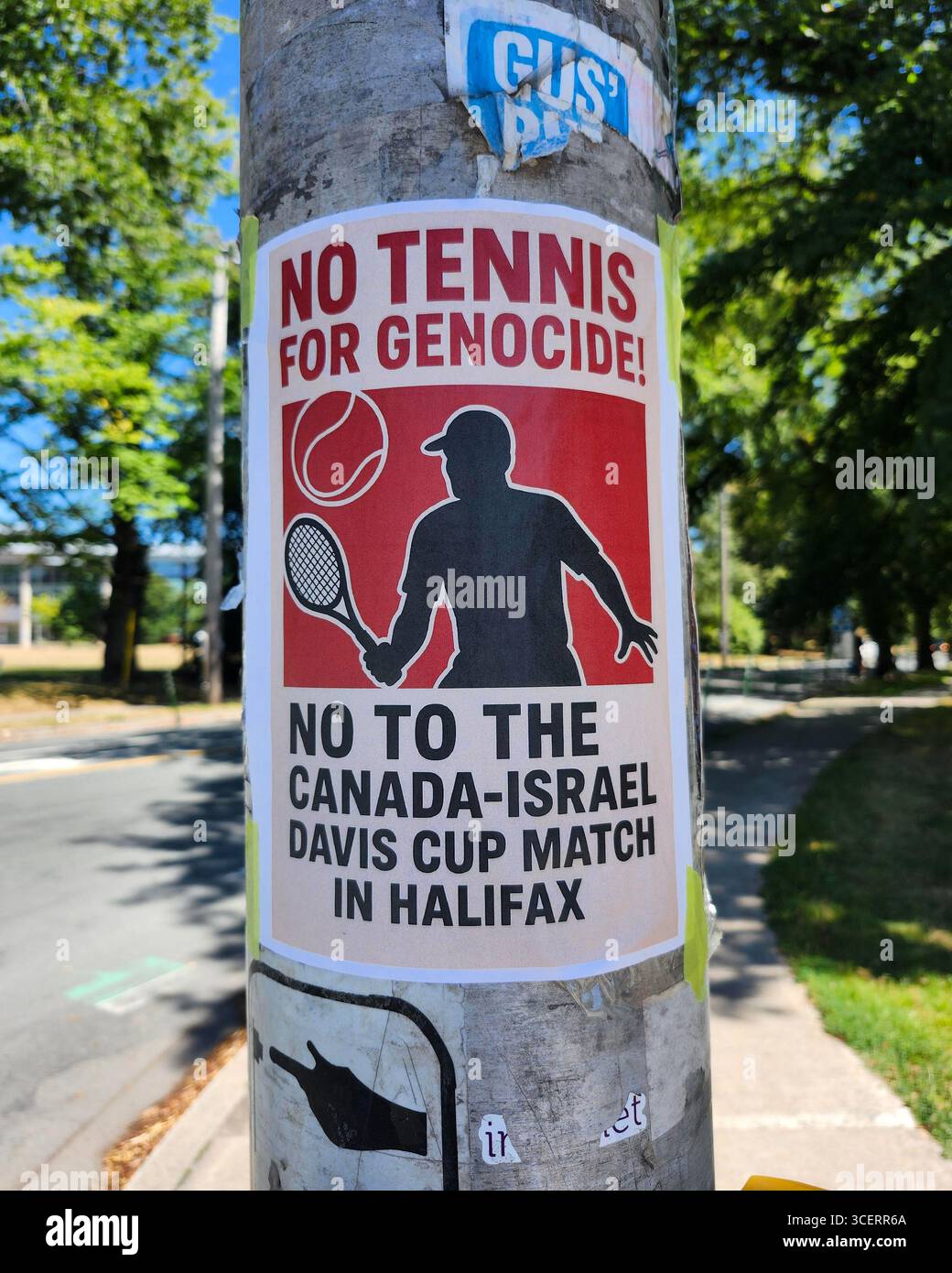 Halifax, Nova Scotia, Canada. August 15th, 2025. Signpost  calling for officials to cancel the Davis Cup match between Team Canada and Israel scheduled for Sept. 12 and 13 at Scotiabank Centre in Halifax as Israel continues their attacks on Palestine. Stock Photo