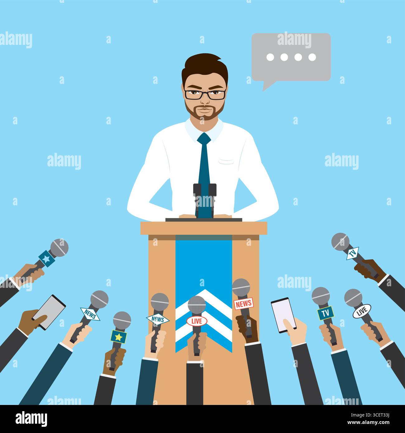 Handsome businessman speaks at a press conference. Hands of different journalists hold microphones. Press release. Cartoon man politician, human chara Stock Vector