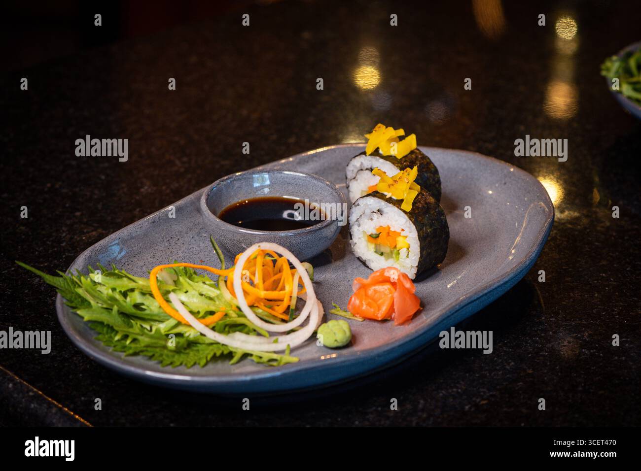 Fresh Sushi Rolls with Salmon and Tuna, Japanese Cuisine on a Gourmet Seafood Plate Stock Photo