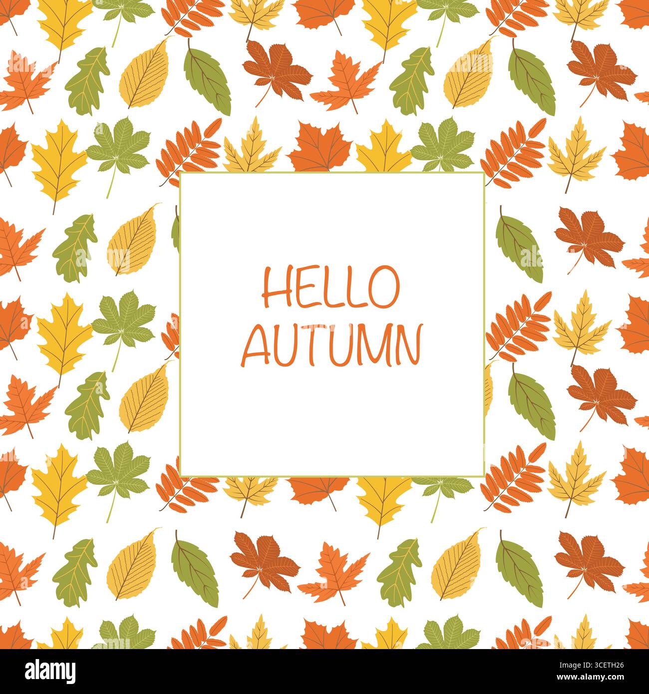 Autumn themed card with collection of different leaves on beige ...