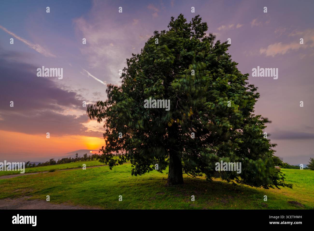 Golden hour cloudy sky on top of Krusne mountains morning in Naklerov village Stock Photo