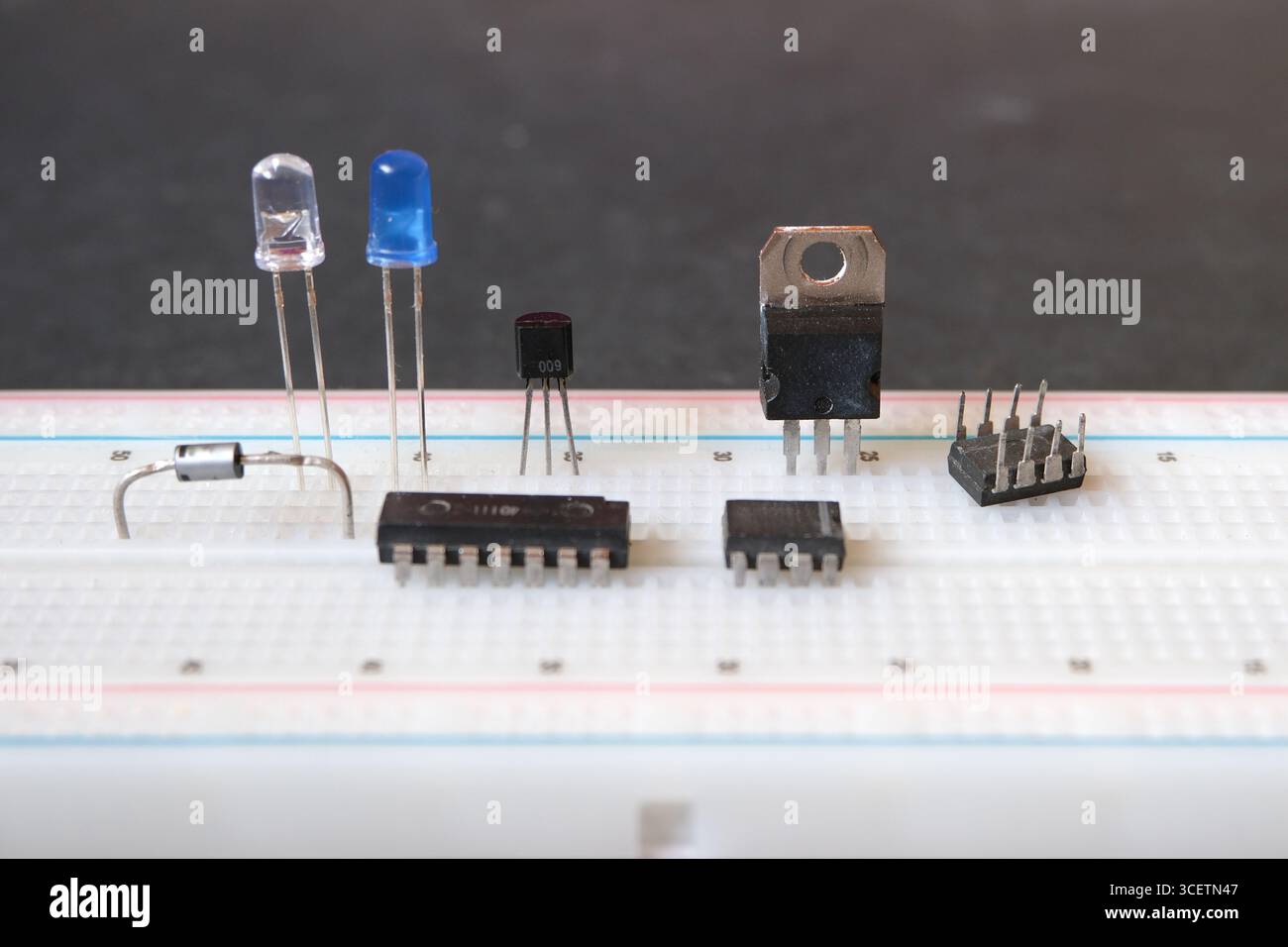 Transistors, Integrated circuits, light emitting diodes. Electronic semiconductor components. Stock Photo