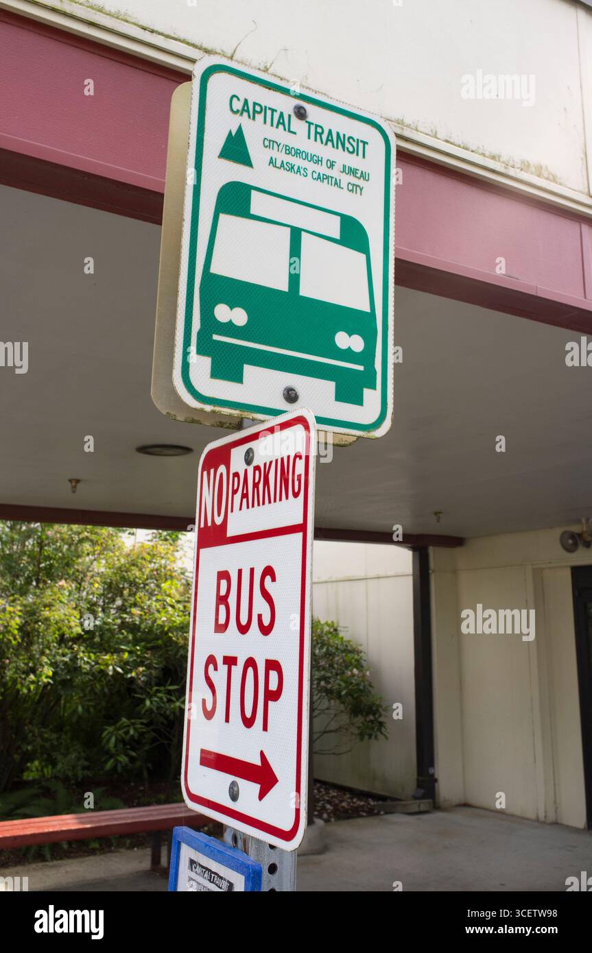 Capital Transit bus stop sign at the Juneau International Airport ...