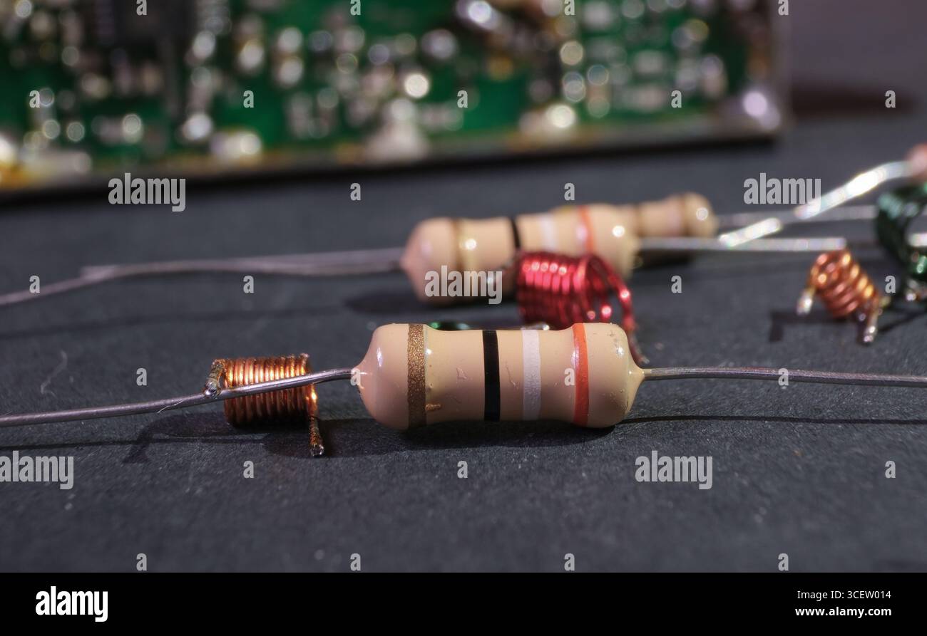 Resistor and inductors. Electrical components. Stock Photo