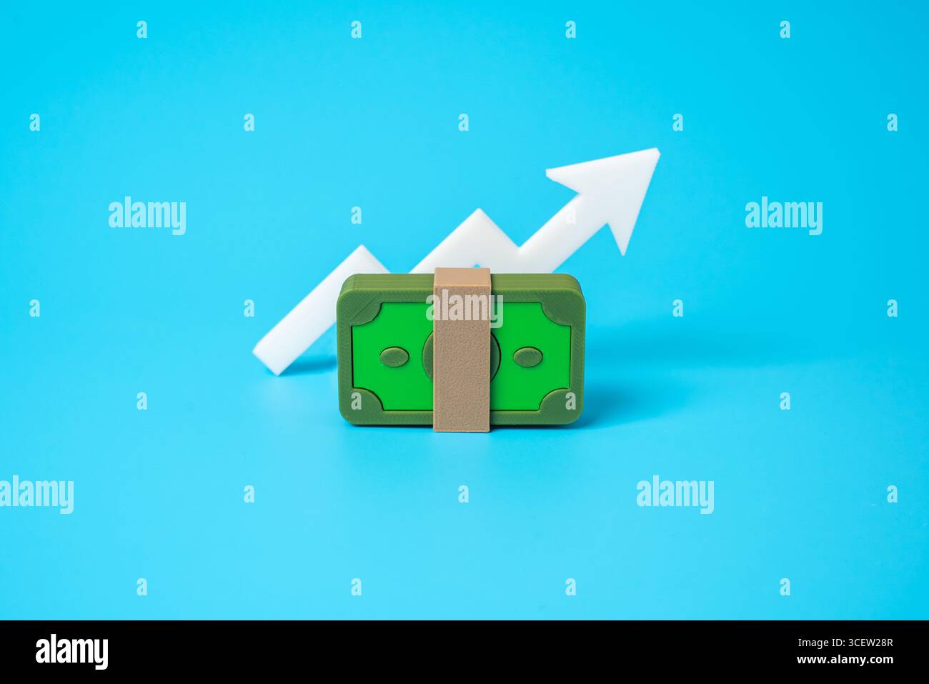 Money and graph arrow up. Income and profit growth. Increase in money supply. Budget growth. Financial success. Positive trend. Economic expansion. Re Stock Photo