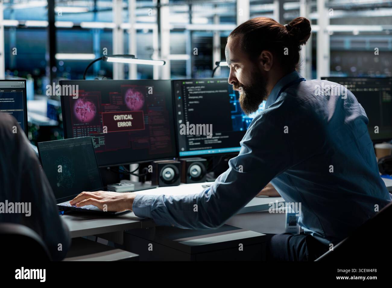 Data center technician using AI LLM assistant to fix critical errors affecting infrastructure. Server hub IT expert using large language model chatbot to eliminate computer bugs Stock Photo